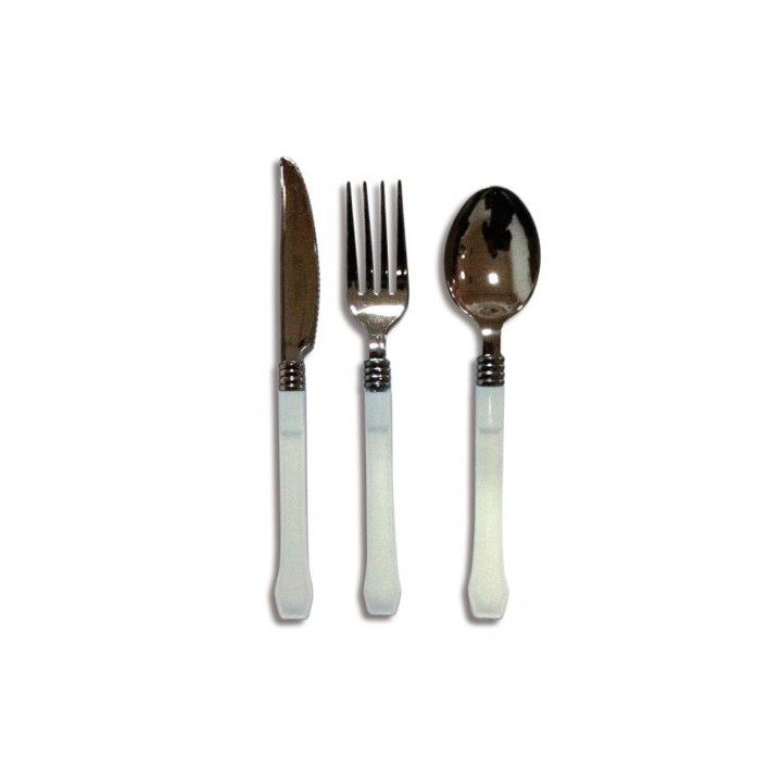 Plastic Metallized Fork, Knife and Spoon White 