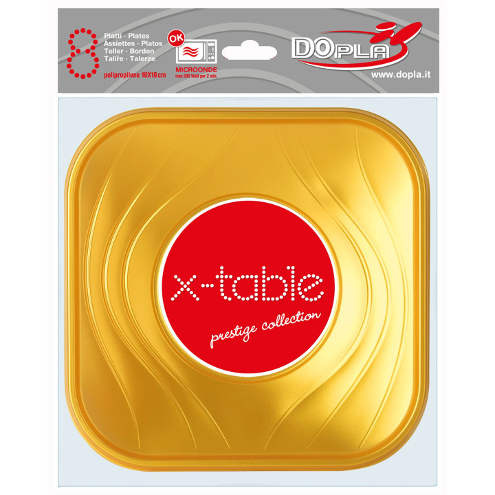 Plastic Plate PP "X-Table" Square shape Gold 18 cm (120 Units)