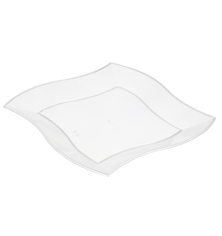 Plastic Plate PS Flat Square shape Waves White 23 cm (25 Units) 