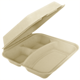 Sugarcane Hinged Container "Menu Box" 3 Compartments 25x25x7,5cm (50 Units) 