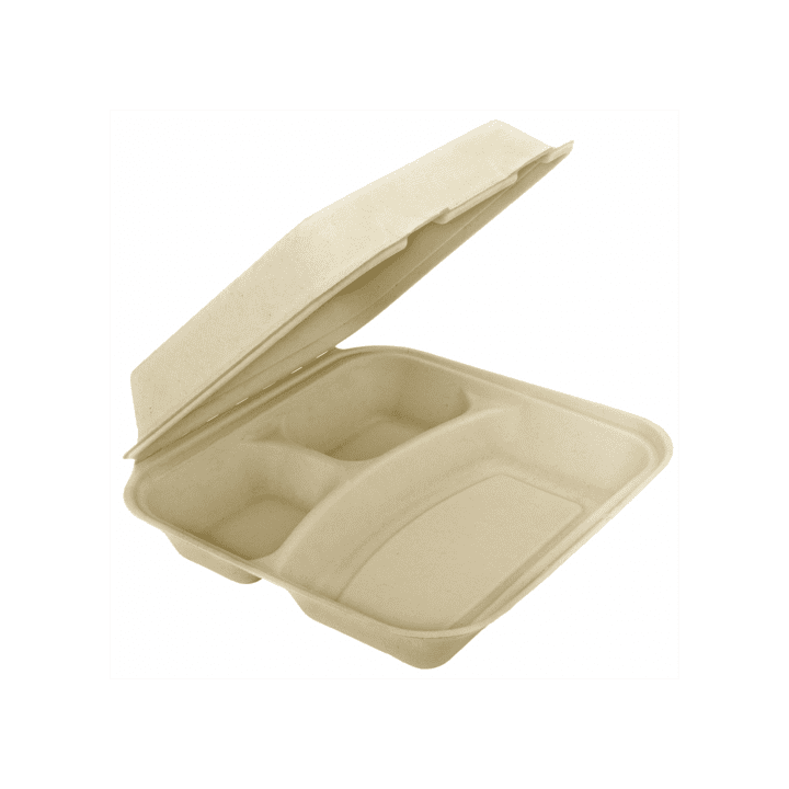 Sugarcane Hinged Container "Menu Box" 3 Compartments 25x25x7,5cm (50 Units) 