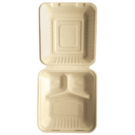 Sugarcane Hinged Container "Menu Box" 3 Compartments Natural 20x20x7,5cm (200 Units)