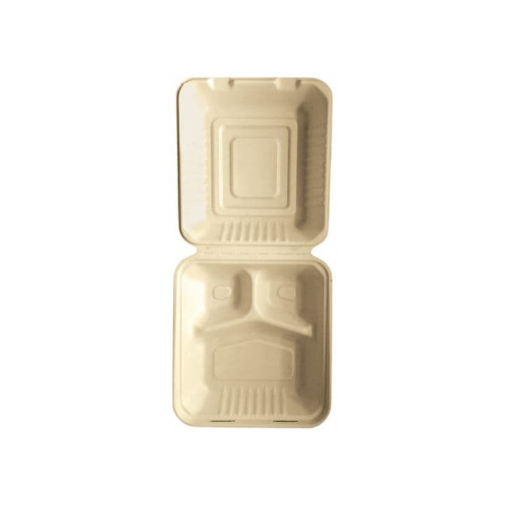 Sugarcane Hinged Container "Menu Box" 3 Compartments Natural 20x20x7,5cm (50 Units) 
