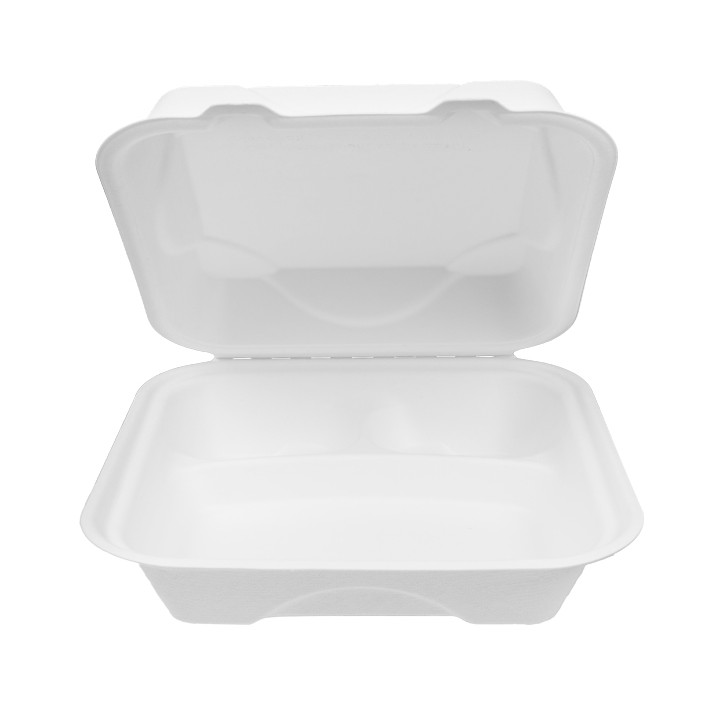 Sugarcane Hinged Container "Menu Box" 3 Compartments White 20x20x7,5cm (50 Units) 