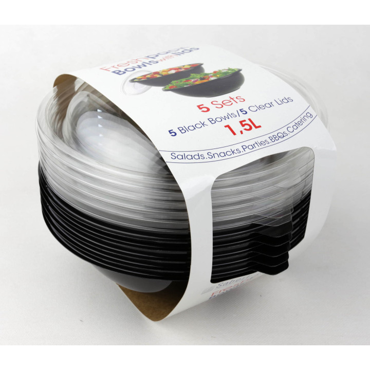 Plastic Bowl PET with Lid Black 1500ml Ø23cm (30 Units)