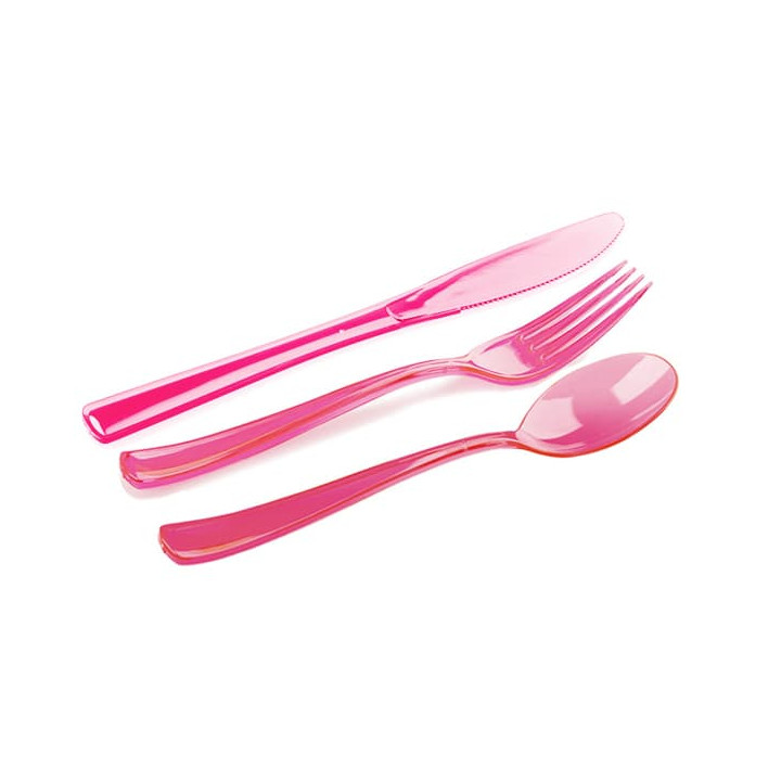 Plastic Cutlery Kit Fork, Knife, Spoon Raspberry (20 Kits)