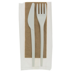 Cornstarch Cutlery Kit PLA : Fork+ Spoon + Knife + Napkin CPLA (10 Units)