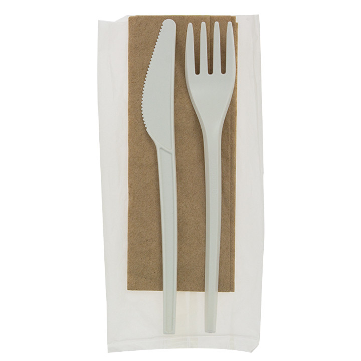 Cornstarch Cutlery Kit PLA : Fork+ Spoon + Knife + Napkin CPLA (10 Units)