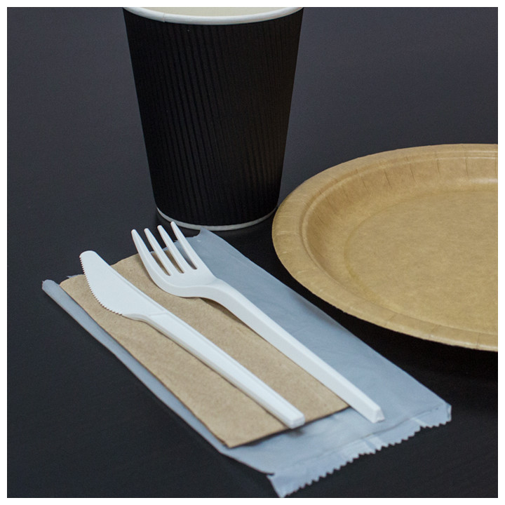Cornstarch Cutlery Kit PLA : Fork+ Spoon + Knife + Napkin CPLA (10 Units)