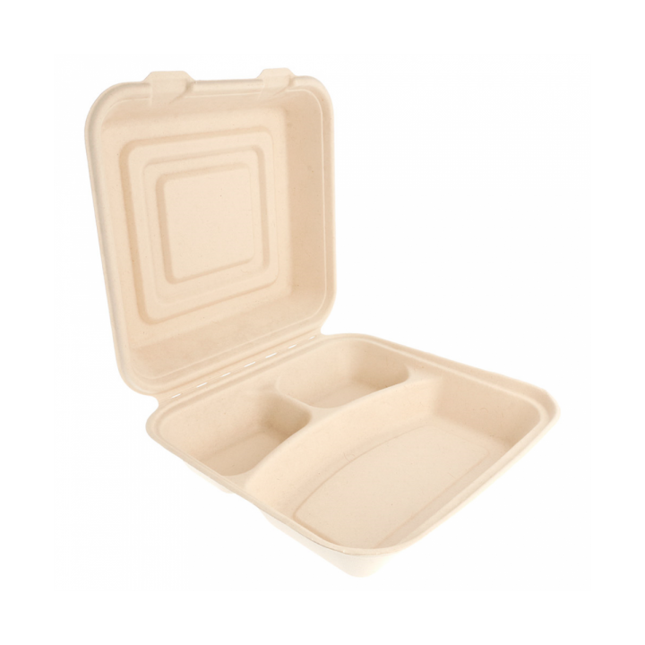 Sugarcane Hinged Container "Menu Box" 3 Compartments 25x25x7,5cm (250 Units)