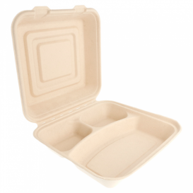 Sugarcane Hinged Container "Menu Box" 3 Compartments 25x25x7,5cm (50 Units) 