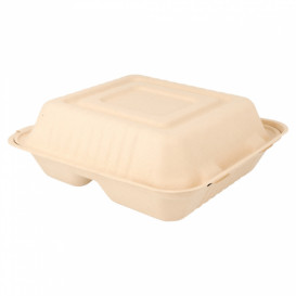 Sugarcane Hinged Container "Menu Box" 3 Compartments Natural 20x20x7,5cm (200 Units)