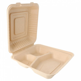 Sugarcane Hinged Container "Menu Box" 3 Compartments Natural 20x20x7,5cm (200 Units)