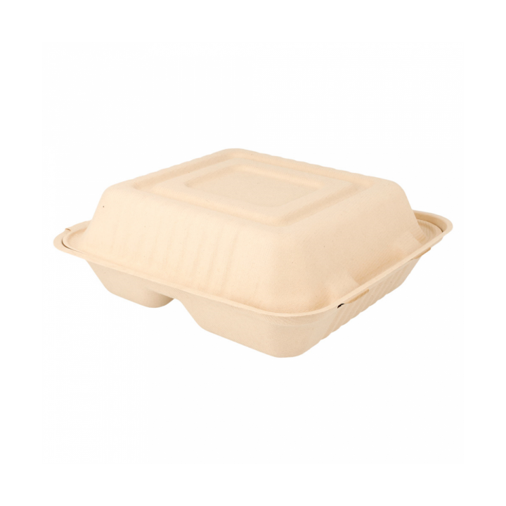 Sugarcane Hinged Container "Menu Box" 3 Compartments Natural 20x20x7,5cm (50 Units) 