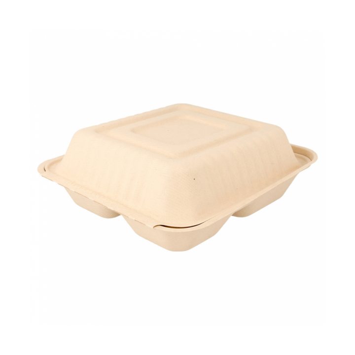 Sugarcane Hinged Container "Menu Box" 3 Compartments Natural 20x20x7,5cm (50 Units) 