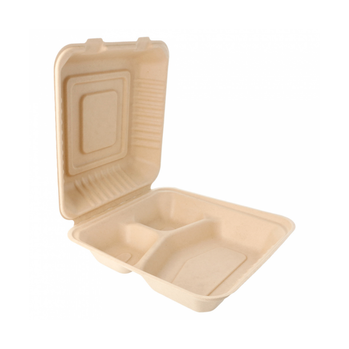Sugarcane Hinged Container "Menu Box" 3 Compartments Natural 20x20x7,5cm (50 Units) 