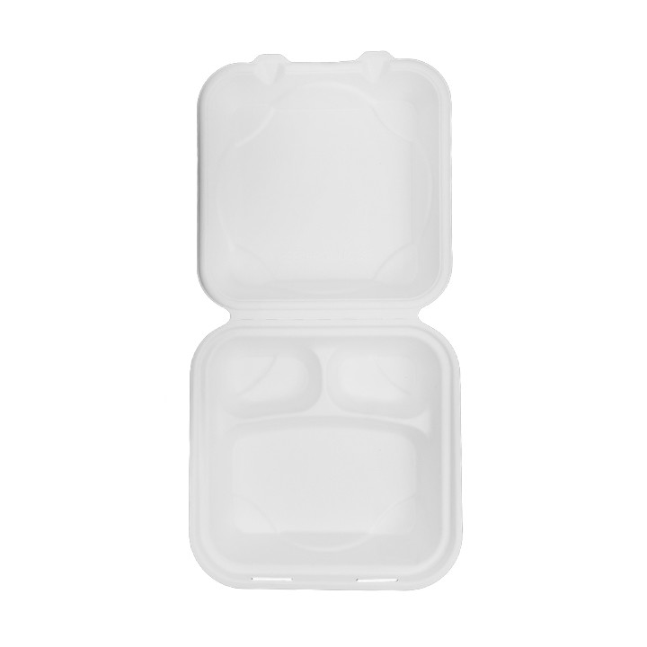 Sugarcane Hinged Container "Menu Box" 3 Compartments White 20x20x7,5cm (200 Units)