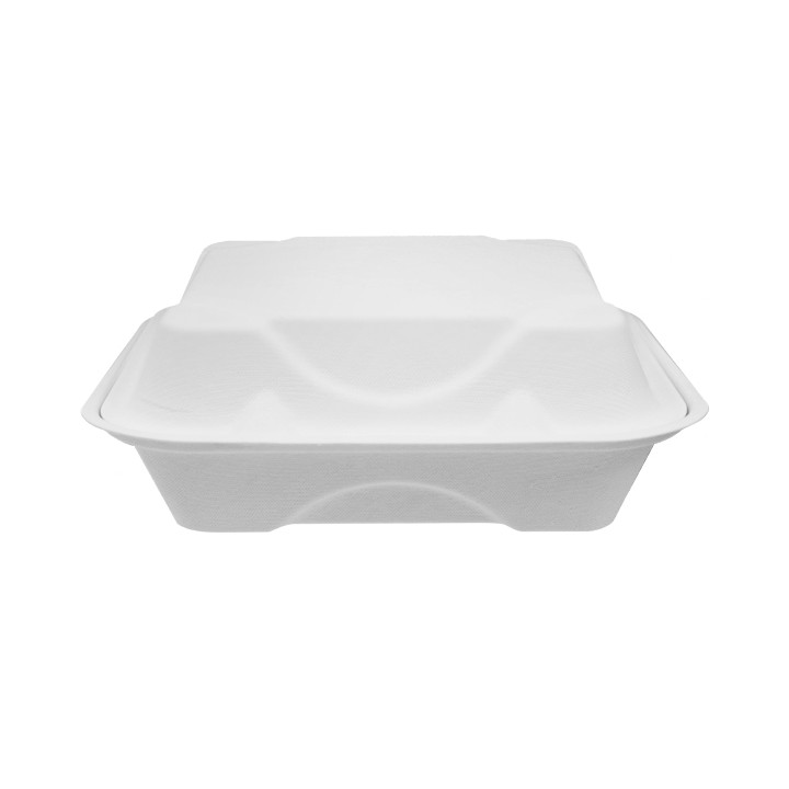 Sugarcane Hinged Container "Menu Box" 3 Compartments White 20x20x7,5cm (200 Units)