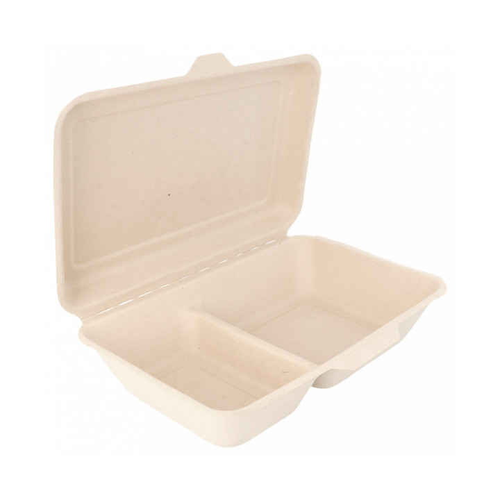 Sugarcane Hinged Container "Menu Box" 2 Compartments 22,5x16,5x6,4cm (500 Units)