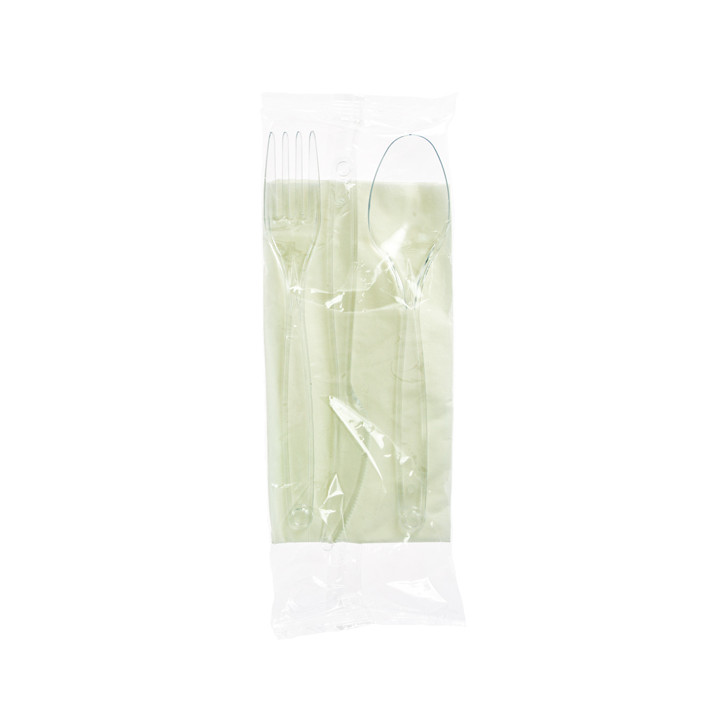Plastic Cutlery kit PS Fork, Spoon, Knife and Napkin Clear (500 Units)