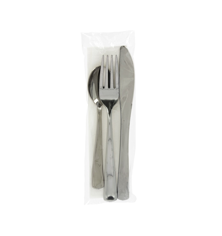 Plastic Cutlery kit PS Metallized 3 Pieces with Napkin (30 Units)