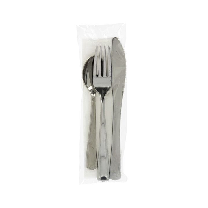 Plastic Cutlery kit PS Metallized 3 Pieces with Napkin (30 Units)
