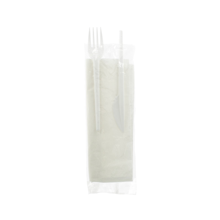 Plastic Cutlery kit PS Fork, Knife and Napkin (25 Units)