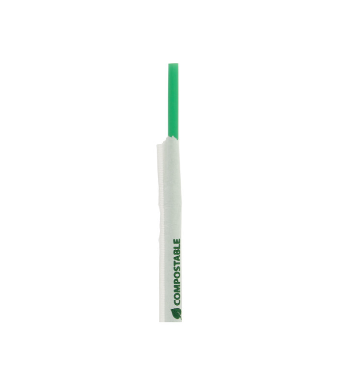 Plastic Straw Straight PLA Wrapped Green Ø0,8cm 18cm (400 Units)