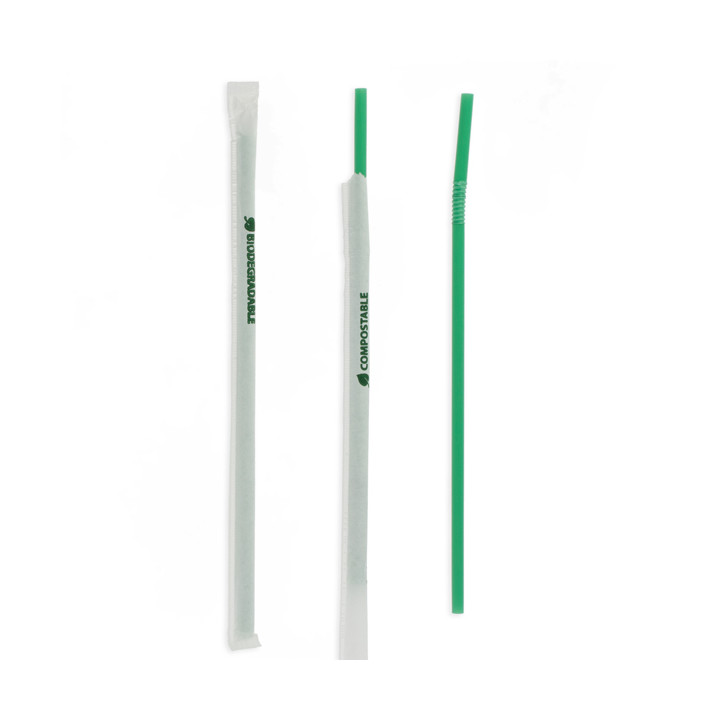 Plastic Straw Straight PLA Wrapped Green Ø0,8cm 18cm (4800 Units)