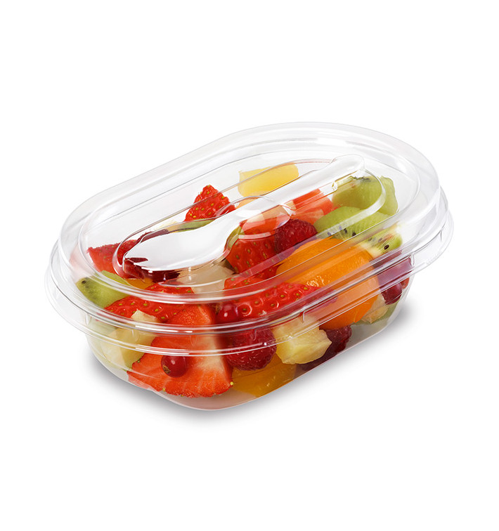 Plastic Salad Bowl APET shape with Fork 370ml 19x14x6,4cm (400 Units)