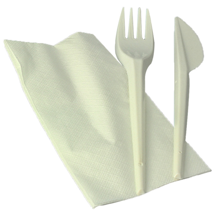 Cornstarch Cutlery Kit PLA : Fork + Knife + Napkin PLA (100 Units)