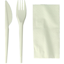 Cornstarch Cutlery Kit PLA : Fork + Knife + Napkin PLA (100 Units)