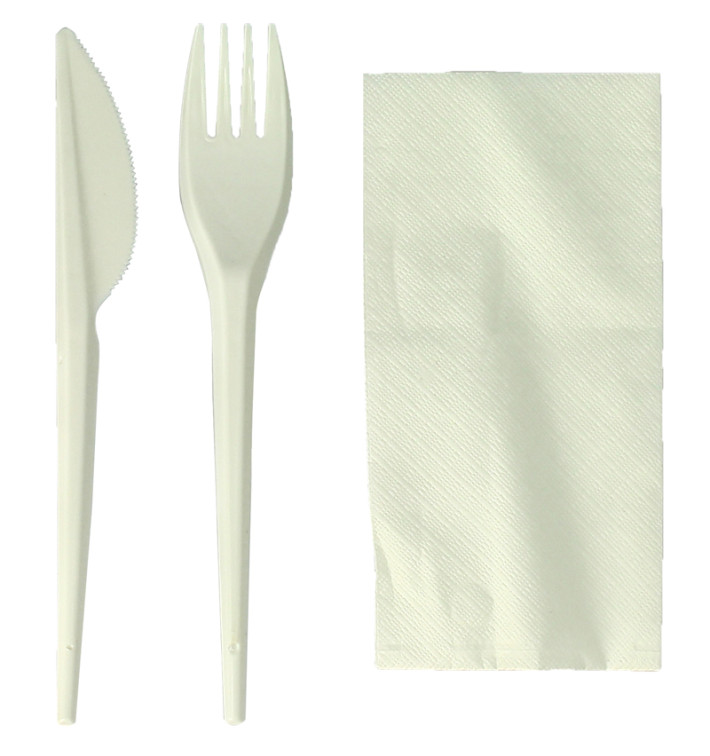 Cornstarch Cutlery Kit PLA : Fork + Knife + Napkin PLA (100 Units)