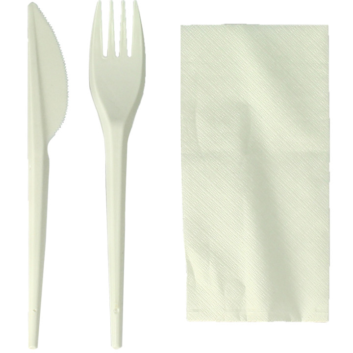 Cornstarch Cutlery Kit PLA : Fork + Knife + Napkin PLA (100 Units)