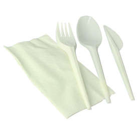 Cornstarch Cutlery Kit PLA : Fork+ Spoon + Knife + Napkin PLA (300 Units)