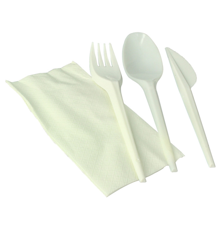 Cornstarch Cutlery Kit PLA : Fork+ Spoon + Knife + Napkin PLA (300 Units)