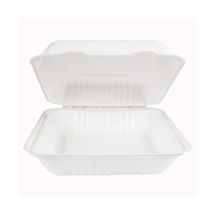 Sugarcane Hinged Container + PLA White 23x23x7,5cm (200 Units)