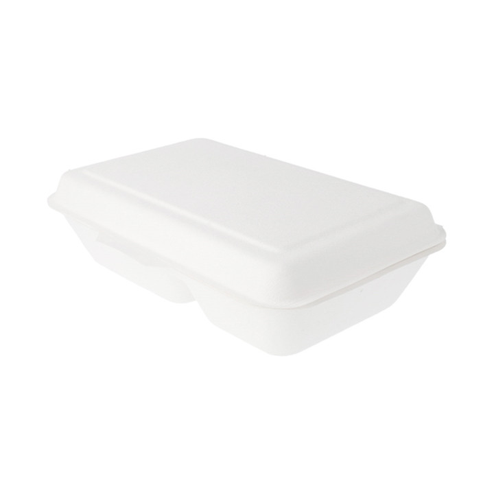 Sugarcane Hinged Container "Menu Box" 2 Compartments White 22,5x16,5x6,4cm (500 Units)