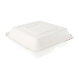 Sugarcane Hinged Container "Menu Box" White 3 Compartments 25x25x7,5cm (50 Units) 