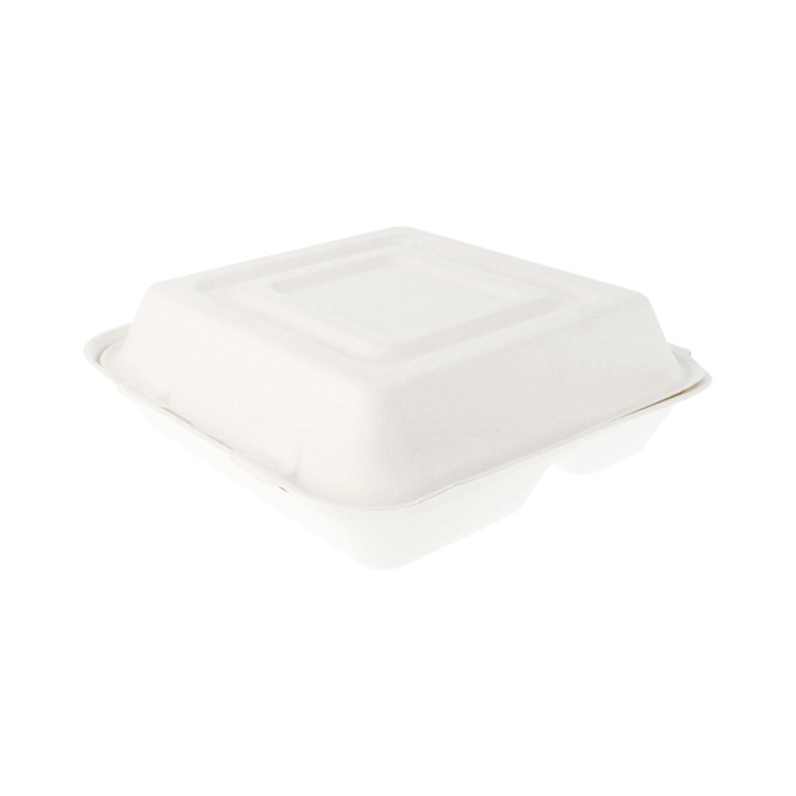 Sugarcane Hinged Container "Menu Box" White 3 Compartments 25x25x7,5cm (250 Units)