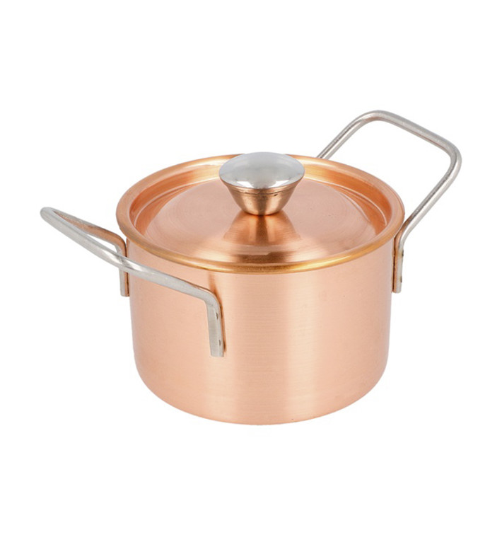 Serving Mini Cooking Pot Bowl Steel with Lid Copper Ø9x6cm (6 Units)