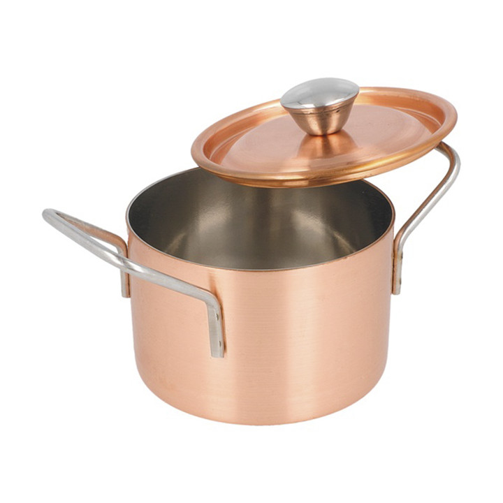 Serving Mini Cooking Pot Bowl Steel with Lid Copper Ø9x6cm (6 Units)