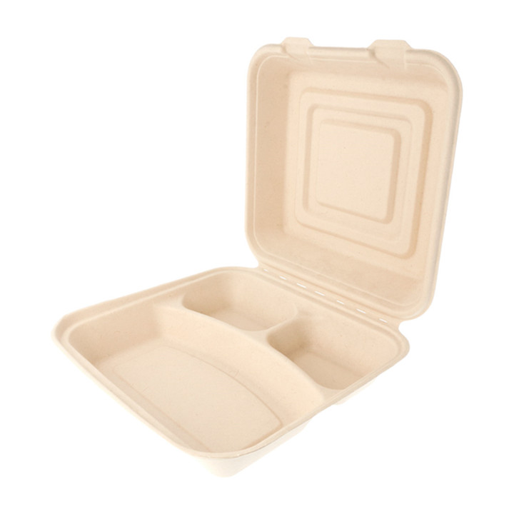 Sugarcane Hinged Container "Menu Box" 3 Compartments 25x25x7,5cm (50 Units) 