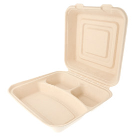Sugarcane Hinged Container "Menu Box" 3 Compartments 25x25x7,5cm (250 Units)