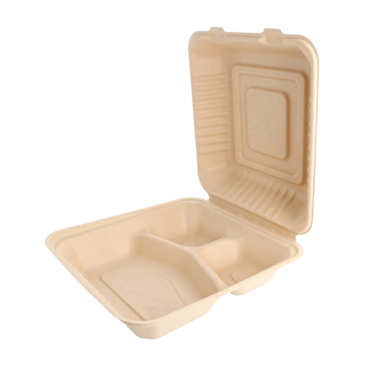 Sugarcane Hinged Container "Menu Box" 3 Compartments Natural 20x20x7,5cm (50 Units) 