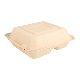 Sugarcane Hinged Container "Menu Box" 3 Compartments Natural 20x20x7,5cm (50 Units) 
