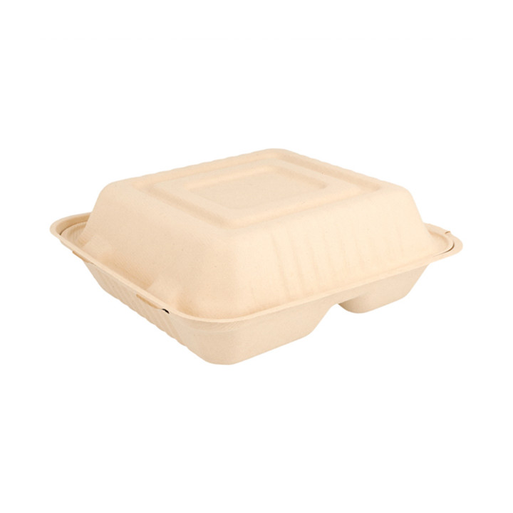 Sugarcane Hinged Container "Menu Box" 3 Compartments Natural 20x20x7,5cm (50 Units) 