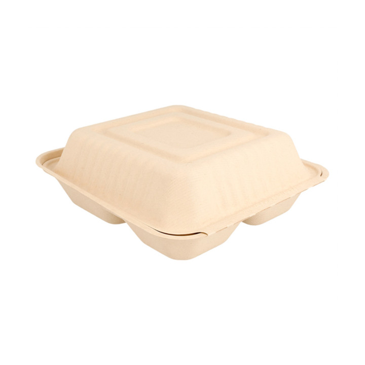 Sugarcane Hinged Container "Menu Box" 3 Compartments Natural 20x20x7,5cm (50 Units) 