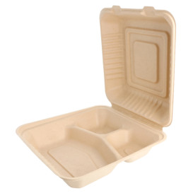 Sugarcane Hinged Container "Menu Box" 3 Compartments Natural 20x20x7,5cm (200 Units)