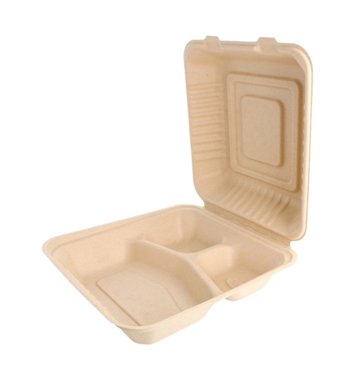 Sugarcane Hinged Container "Menu Box" 3 Compartments Natural 20x20x7,5cm (200 Units)
